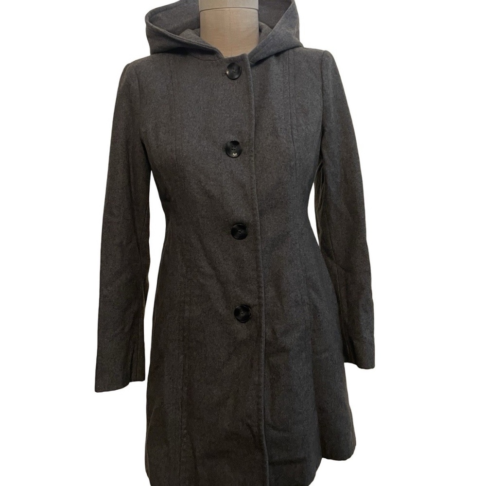 Anne Klein Coat Gray Wool Blend Button Hood Sz Small Peacoat Casual Chic Preppy - Picture 7 of 7